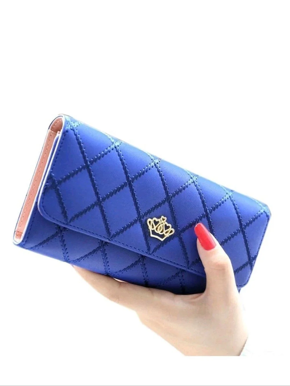 👌Brand NEW - Women’s Quilted Blue Clutch Long Wallet with Gold Crown Accent